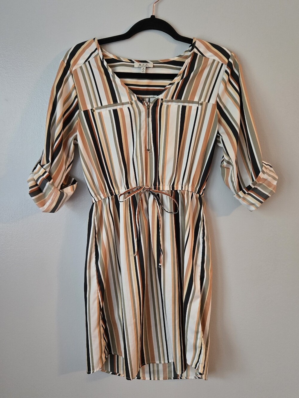 MPH Collection Striped Utility Dress 3/4 Sleeve Zip Neck Drawstring Waist Small